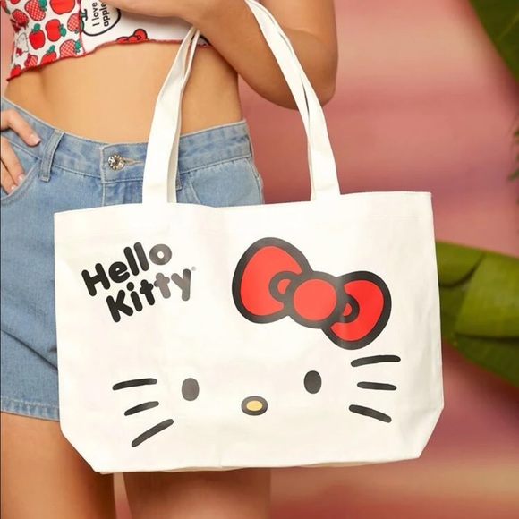 Hello Kitty canvas tote bag cartoon Sanrio cute fun cream white shopping - Picture 5 of 7